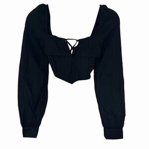 Blue Blush Black Peasant Crop Blouse with Lace-Up Front